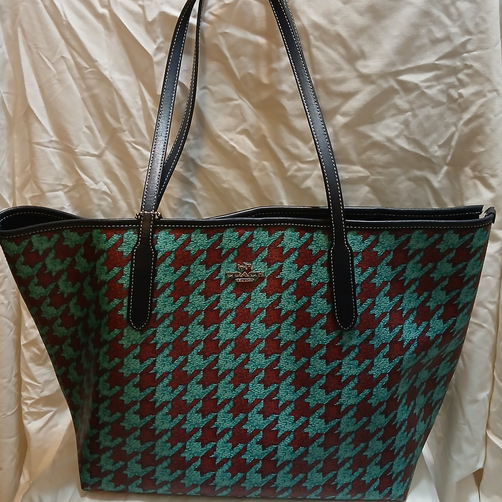 Coach Houndstooth Tote - Teal and Black